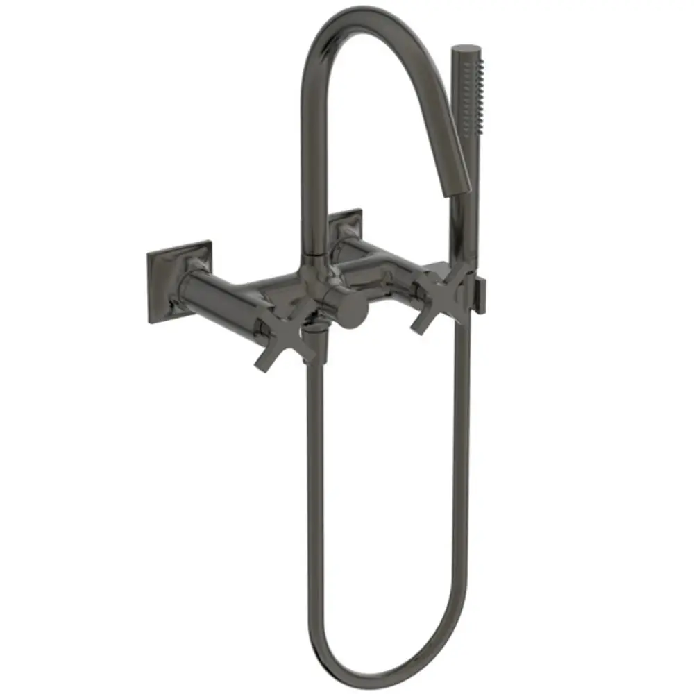 Wandmontierte Badarmatur in Magnetic Grey von Ideal Standard, ausgestattet mit zwei Kreuzgriffen und einem ausziehbaren Handbrauseansatz.